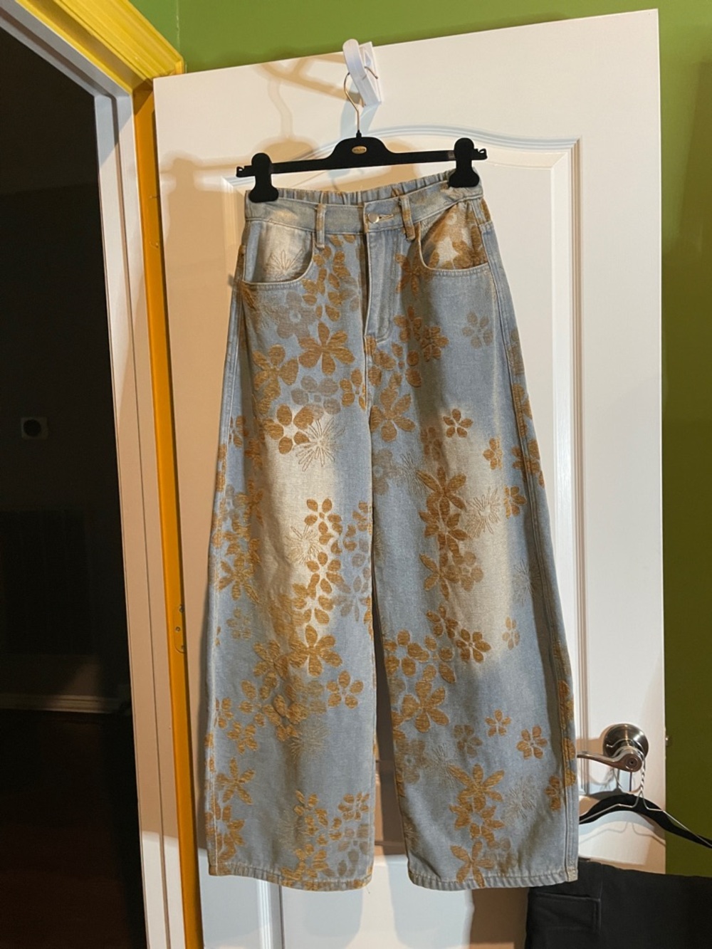 Wide Leg Floral Print Jeans - Gold on Light Blue